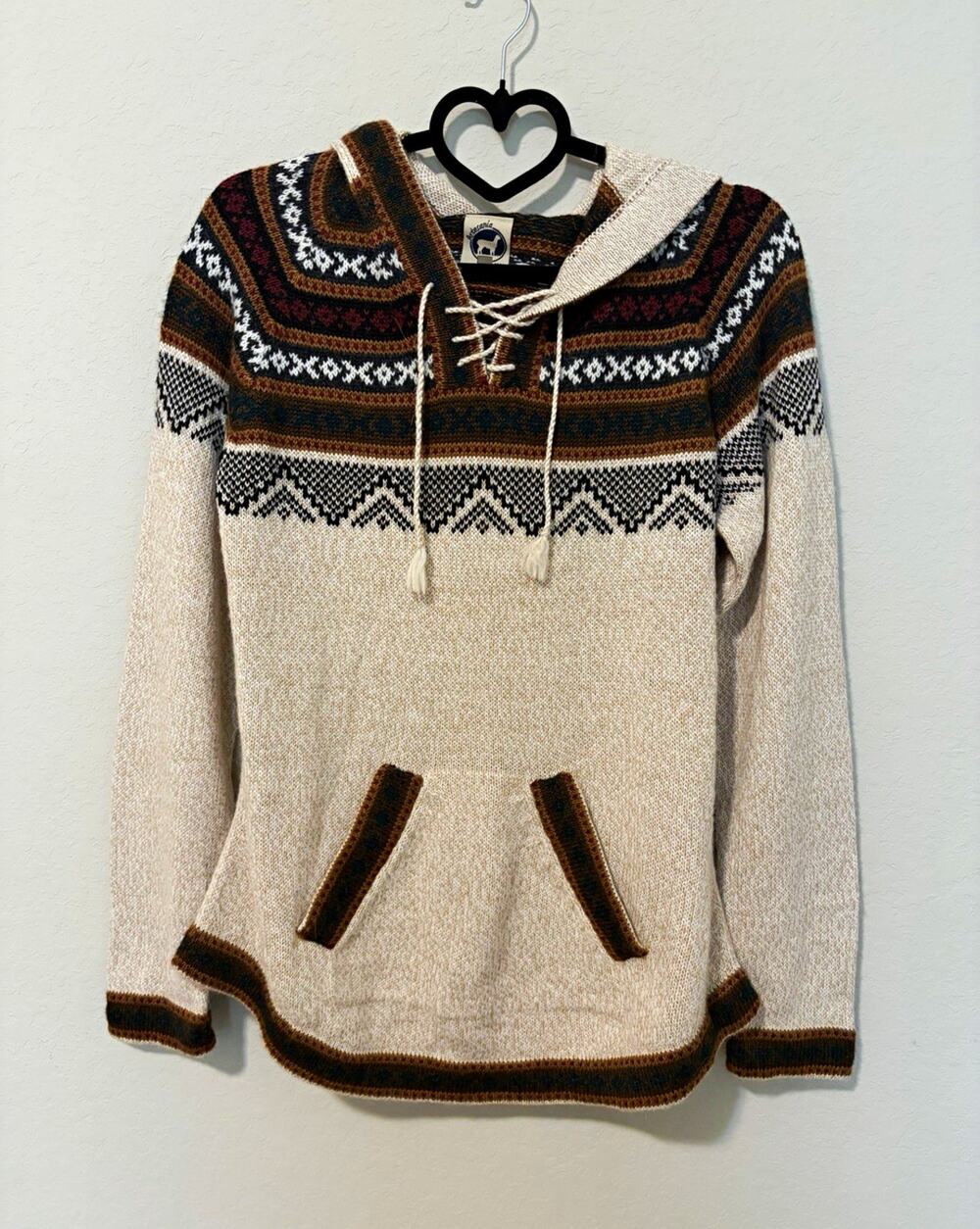 Artesania Fair Isle Knit Hooded Pullover Hoodie w/ Pockets Alcapa Wool Blend M
